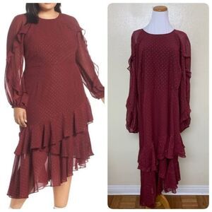 Cooper St Chiffon Dress Sz 22 Texture Dot & Ruffle Red White Asymmetrical